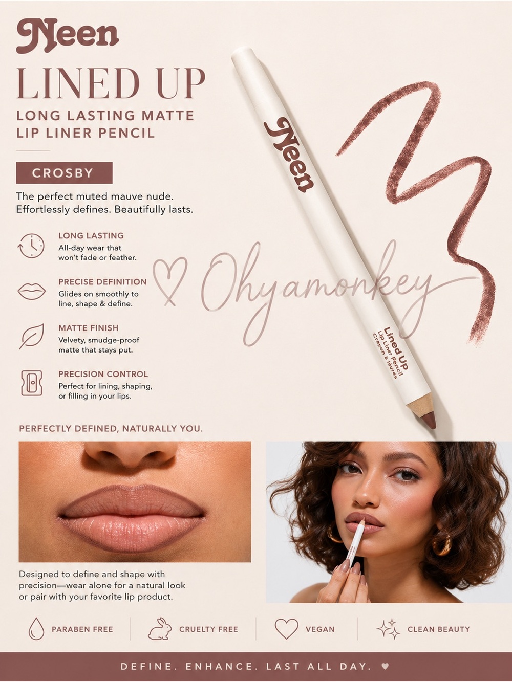 Neen Lined Up Long Lasting Matte Lip Liner Pencil – Crosby (Muted Mauve Nude)